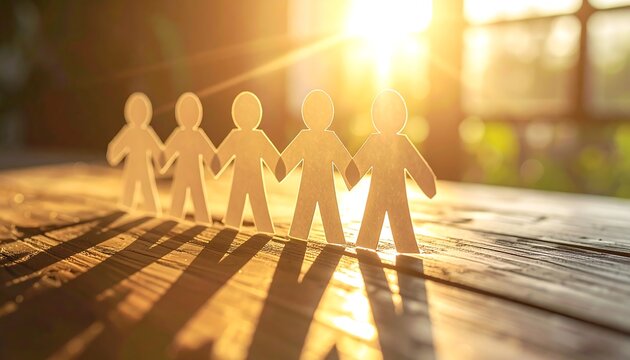 Five paper cut-out figures standing in a row, holding hands on a wooden surface, bathed in bright sunlight.