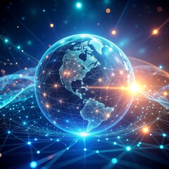 A glowing globe surrounded by interconnected networks, showcasing global data transfer and communication.