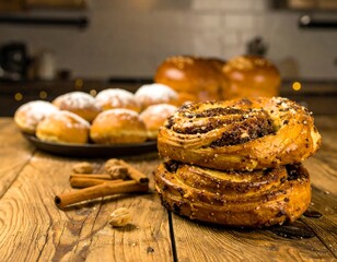Fresh baked pastries on rustic wooden table