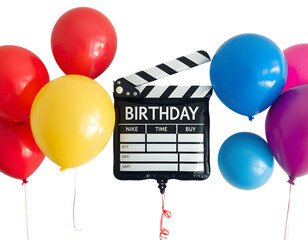 Colorful Balloons and Clapperboard with Birthday Text