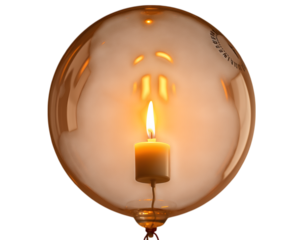 Candle inside a glass sphere, warm light, dark background