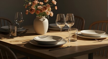 Elegant Dining Table Setup With Flowers And Glassware Decor
