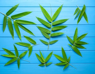 Fresh bamboo leaves on a blue wooden background