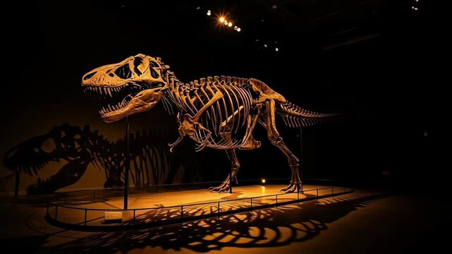 An illuminated T-rex skeleton casting dramatic shadows in a museum.