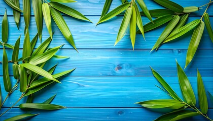 Fresh bamboo leaves on vibrant blue wood