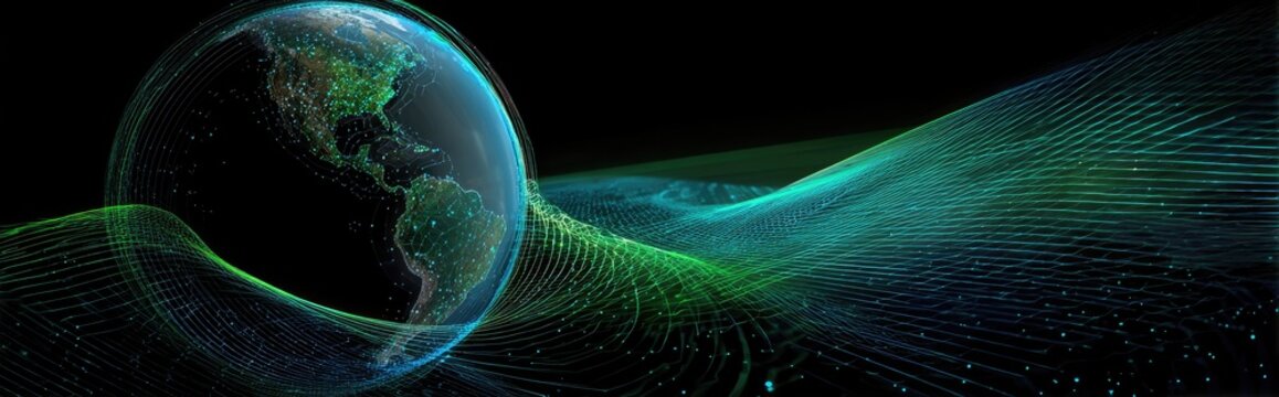 Global digital network. Earth surrounded by abstract turquoise and green digital lines and particles