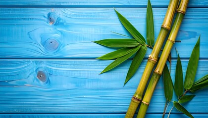 Fresh bamboo stalks on vibrant blue wood