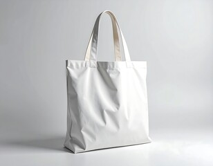 A plain white tote bag with handles is displayed against a neutral background, casting a soft shadow.