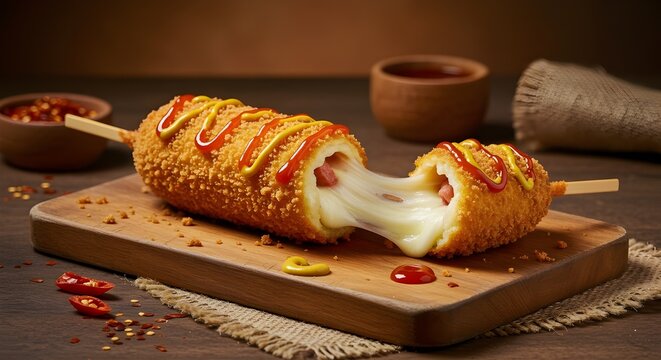 Close up Korean corn dog with melted cheese and sauce - Powered by Adobe