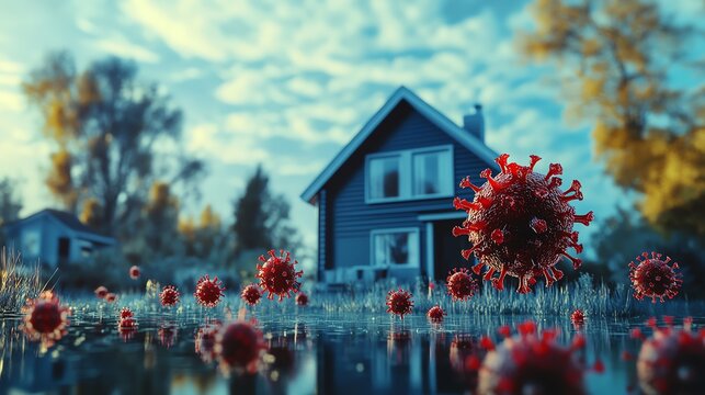 Virus and home 3d illustartion Stay home, quarantine, coronavirus, COVID19, corona virus, SARSCoV2, pandemic concept background for health, medical design Coronavirus 3d rendering - Powered by Adobe