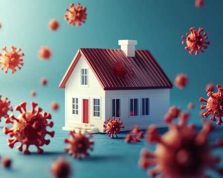 Virus and home 3d illustartion Stay home, quarantine, coronavirus, COVID19, corona virus, SARSCoV2, pandemic concept background for health, medical design Coronavirus 3d rendering