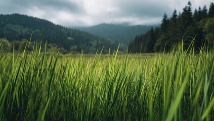 Obraz premium Lush green grass field meets misty mountains