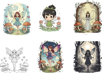 Cartoon fairy characters, magical forest scene, colorful fairy wings, cute fairies, enchanted forest, nature magic, flower fairies illustration