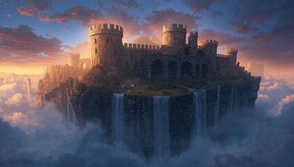 Fototapeta premium Ancient Floating Fortress Island With Waterfalls