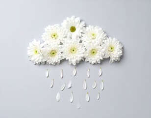 White flowers arranged as a cloud with rain