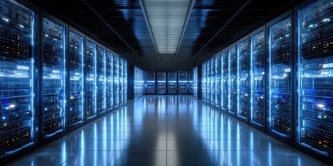 A server room, illuminated by blue light