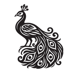 Vector representation of a simple peacock bird, shown in black and white with clear outline, providing elegant minimal appearance for artistic and cultural themes.