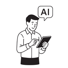 Vector illustration of a man using artificial intelligence on his tablet phone, black and white with bold black outline, perfect for technology visuals.