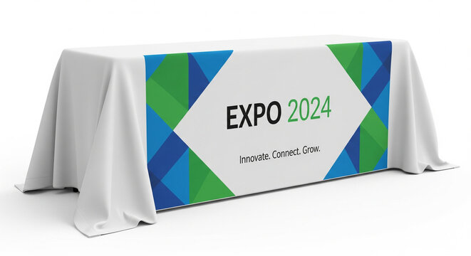 Professional exhibition table with custom branded tablecloth for EXPO 2024, ready for event display, on isolated transparent background