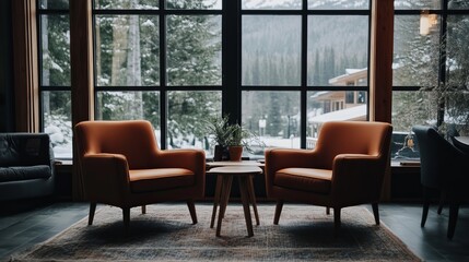 Cozy room with armchairs, small table, big window with snowy view. Warm ambiance indoors