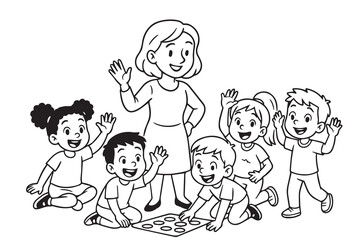 Vector representation of a female teacher guiding little students, presented in black and white with clear outline, perfect for classroom, study, and learning designs.