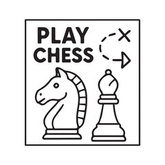 Vector representation of a chess theme including phrase Play Chess, designed in black and white with clear outline, perfect for promotional or educational illustrations.