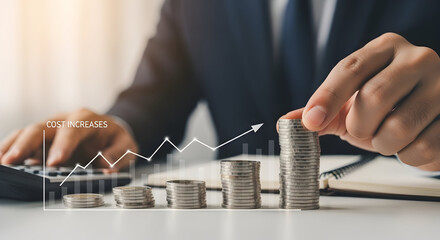 Businessman Analyzing Financial Growth With Stacked Coins And Graph Chart On Desk For Smart Investment Strategies And Wealth Management