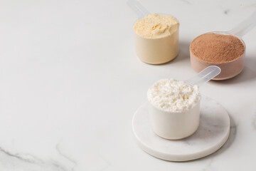 Various protein powders in scoops on gray background for fitness and nutrition. Copy space