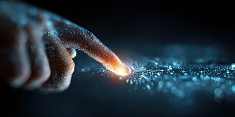 A fingertip interacts with a digital surface.  A hand touches a futuristic interface