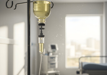 Detailed Close-Up View Of An Intravenous Drip Infusion Bag In A Bright And Modern Hospital Room Setting Providing Medical Treatment To Patients