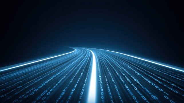 Digital highway of glowing binary code leading to an abstract future, showcasing the concept of technology, data, and information flow in a virtual space - Powered by Adobe