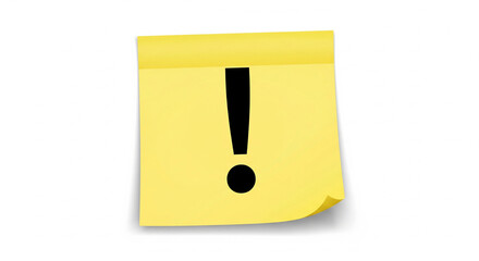 Bright yellow sticky note with a bold black exclamation mark, important warning or urgent reminder on isolated transparent background.