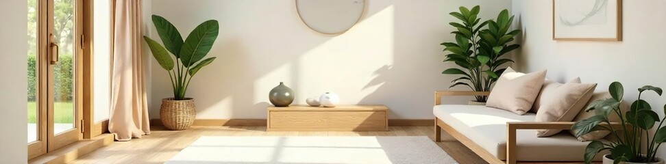 Serene minimalist home interior designed for meditation and relaxation; calming neutral tones, natural light, comfortable seating, plants, and essential oil diffuser , balance, candles, harmony