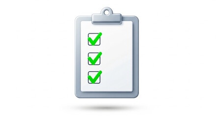 Clipboard with a completed checklist and green checkmarks, task management and success concept on isolated transparent background.