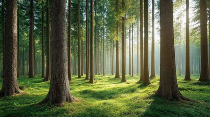 Obraz premium Lush green forest with tall trees and sunlight filtering through the canopy creating a serene and tranquil atmosphere for nature lovers and outdoor enthusiasts