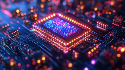 Obraz premium Close-up of high-tech electronic chip with precision circuit board and glowing components, futuristic tech design material for technology promotion and electronic engineering