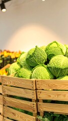 Fresh cabbages in a wooden crate