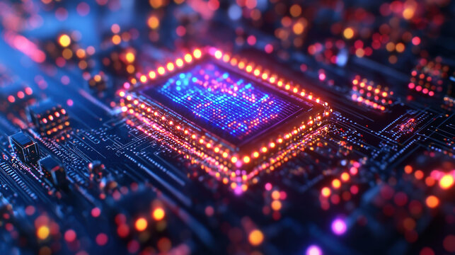 Close-up of high-tech electronic chip with precision circuit board and glowing components, futuristic tech design material for technology promotion and electronic engineering