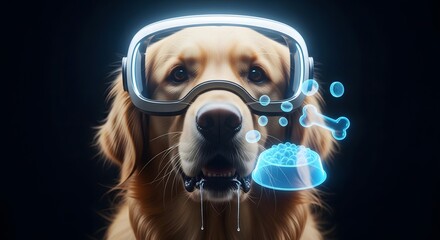 Golden Retriever Dog Wearing Virtual Reality Goggles Experiences Digital Food and Bubbles