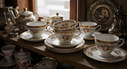 Fototapeta premium Vintage Floral Porcelain Tea Set on a Wooden Shelf