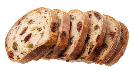 sliced raisin bread on white background.