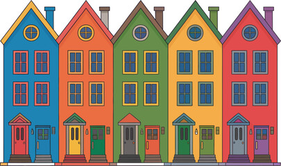 Naklejka premium Five distinctive colorful row houses silhouette design