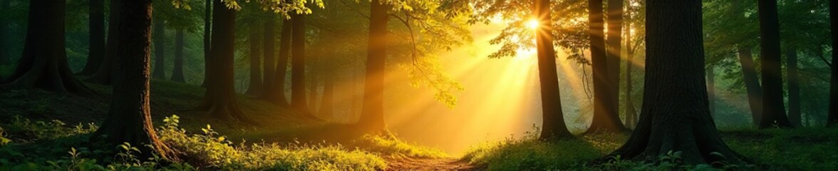Fototapeta premium Golden sunbeams pierce through gaps in a dense forest canopy, illuminating the forest floor with dappled light Perfect for nature, environmental, and serenity themes , yellow, wood