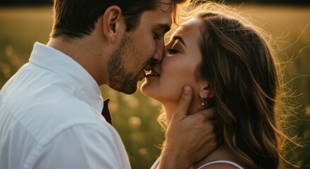 Romantic Couple Kissing at Sunset in a Field