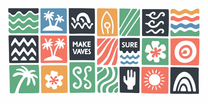 Collection of tropical and beach themed icons and symbols in a grid layout with vibrant colors