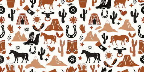 Boho western desert pattern with horses cacti mountains and cowboy boots