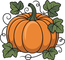 Autumn pumpkin with falling leaves and twisting vines silhouette