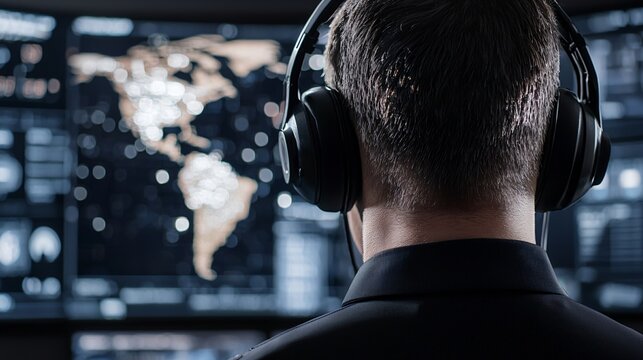 Medium close up of drone swarm operator wearing military headset, digital holographic swarm map visible.