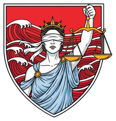 Obraz premium Lady Justice with blindfold and scales, set against a red wavy background within a shield emblem, symbolizing impartiality and the rule of law.