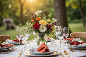 Fototapeta premium Beautiful Table Set for Dinner with Flowers. 3d rendering.